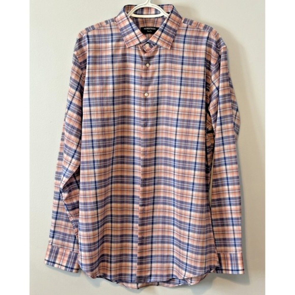 Nordstrom Trim Fit Plaid LS Button Shirt‎ Men 17 36/37 Cotton Linen Blend